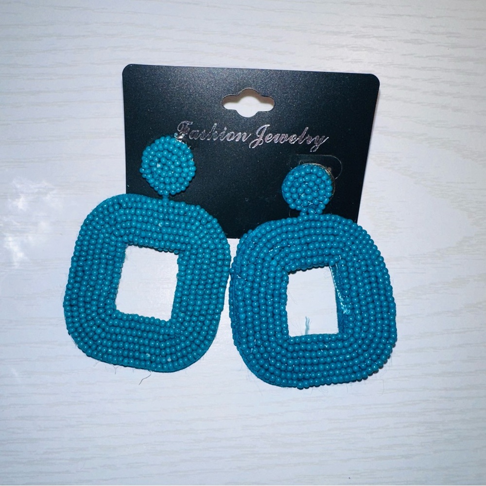 NWOT Blue Beaded Statement Earrings